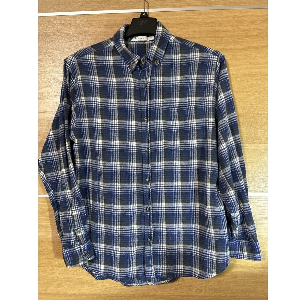 MNML Flannel Shirt Mens Sz M Blue Plaid metal Scorpion Buttons Long Sleeve